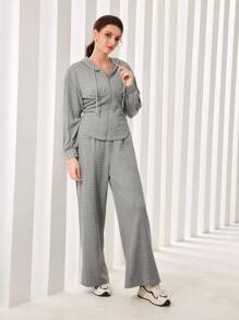 Seusyu Conjunto de 2 piezas con capucha con hombros caídos y cordón y pantalones de pierna ancha - Gris - Ver 4