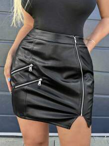 SHEIN SXY 拉鏈開襟PU皮革半身裙 - 黑色 - 查看 1