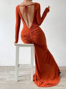 Allurite Tie Backless Ruched Maxi Dress - Rust Brown - View 6