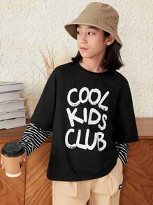 SHEIN 男大童標語圖案假兩入組T恤 - 黑色 - 查看 1