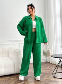 SHEIN EZwear Plus Solid Plisse Shirt & Pants - Green - View 5