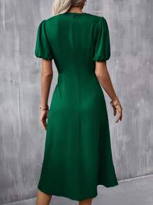 SHEIN Clasi Váy xếp nếp tay phồng phía trước - Màu xanh lá cây đậm - Xem 2