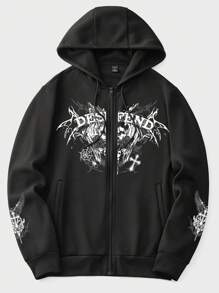 ROMWE MEN Goth Các bạn Đồ họa Chữ cái Dây kéo Dây rút Lót nhiệt Hoodie - màu đen - Xem 1