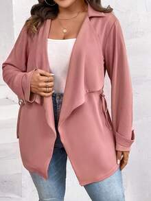 SHEIN LUNE Plus Waterfall Collar Drawstring Waist Coat - Pink - View 5