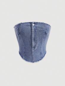 SHEIN MOD Raw Trim Button Front Denim Top - Medium Wash - View 1