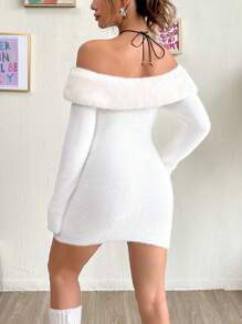 SHEIN Qutie Off Shoulder Fuzzy Trim Bodycon Sweater Dress - White - View 2