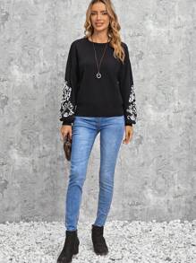 Jersey con patrón floral de hombros caídos - Negro - Ver 5