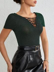SHEIN Privé Criss Cross Front Ribbed Knit Tee
