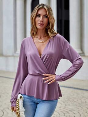 SHEIN Cottnline Schößchenbluse mit Einfarbig überlappendem Kragen,