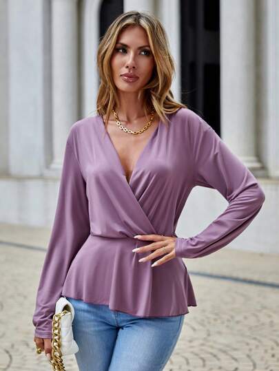SHEIN Cottnline Solid Surplice Neck Peplum Blouse