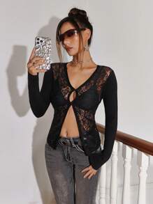 SHEIN ICON 前紐扣蕾絲開襟衫不附胸罩 - 黑色 - 查看 4