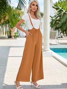 純色闊腿吊帶褲（無T恤） - 橘色 - 查看 6