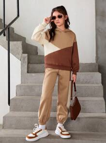 Tween Girl Color Block Drop Shoulder Hoodie & Sweatpants - Khaki - View 6