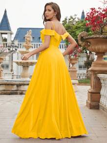 UNITHORSE 露肩褶皱紧身雪纺伴娘礼服优雅连衣裙 - 黃色 - 查看 4