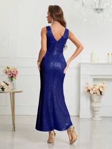 Surplice Neck Wrap Hem Sequin Dress Wedding Guest Dress Elegant Cocktail Semi Formal Prom Dress For Birthday, Graduation, Dinner, Homecoming Party Dress, Bride Dress, Women Outfits Dress, School Clothes - 藍色 - 查看 2