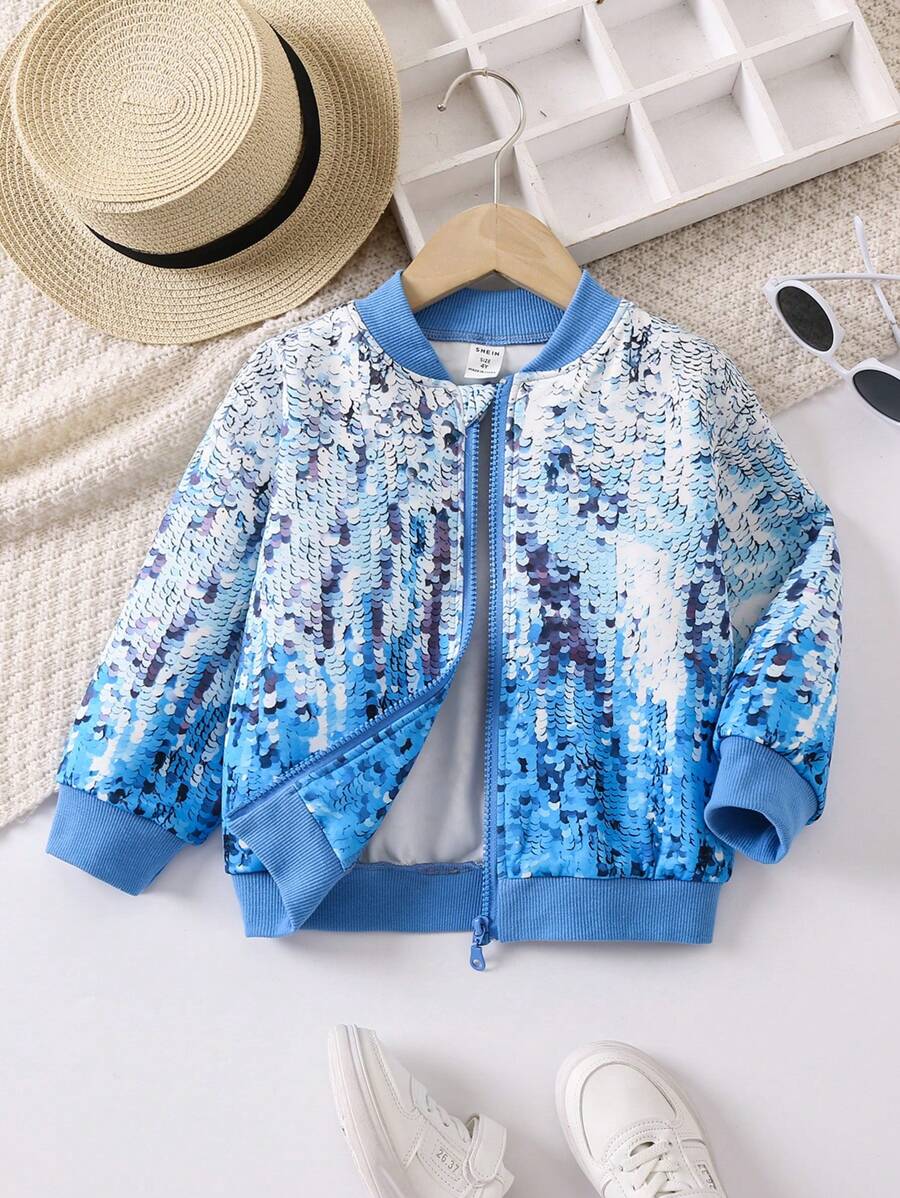 SHEIN Young Girl Sequin Print Zip Up Bomber Jacket - Multicolor - View 1