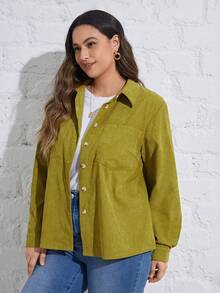 SHEIN Essnce 正面加純色鈕扣燈芯絨夾克 - 綠色 - 查看 3