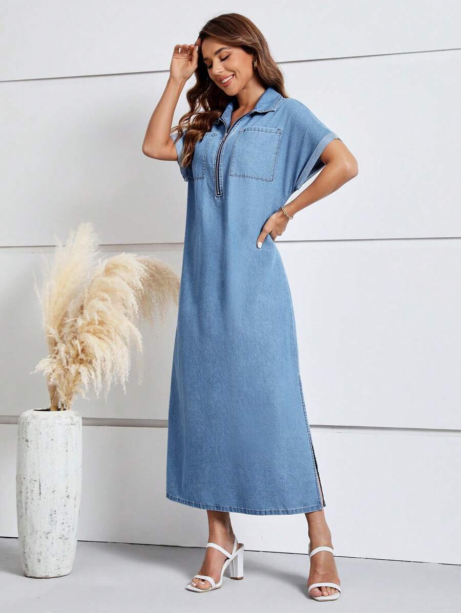 EMERY ROSE 蝙蝠袖高衩牛仔洋裝 - 中等水洗藍 - 查看 1