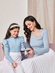 SHEIN Tween Girl Mock Neck Gigot Sleeve Tee - Blue - View 6