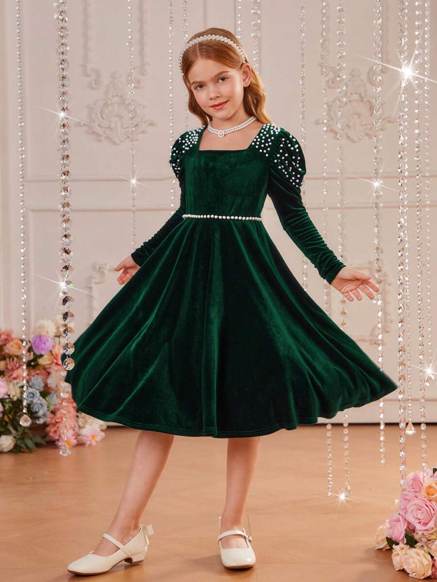 SHEIN 補間女孩方領絞腿袖珍珠串珠天鵝絨洋裝 - 綠色 - 查看 1