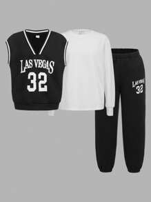 SHEIN Chicos Pantalones deportivos con sudadera con estampado de letra ribete de rayas sin camiseta - Blanco y Negro - Ver 2