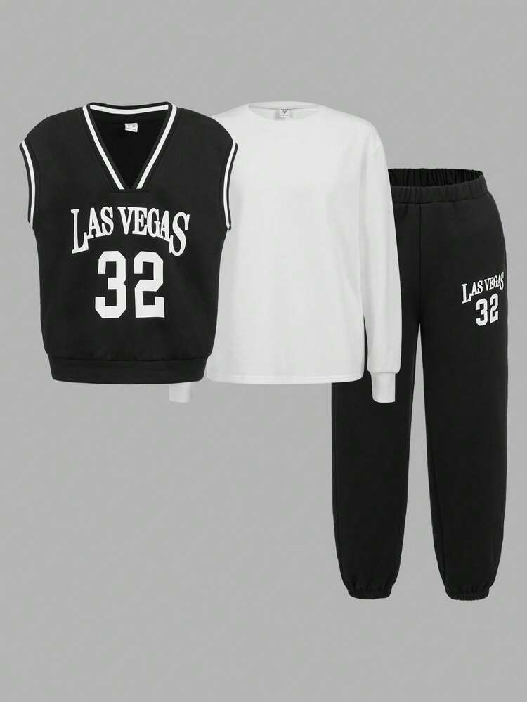 Tween Boy Letter Graphic Striped Trim Sweatshirt & Sweatpants With Tee