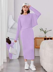 少女(大尺寸)優雅休閒紫色長袖T恤和V領背心裙2件式套裝 - 淡紫色 - 查看 1