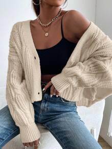 SHEIN Essnce 绞花针织落肩开衫 - 卡其色 - 查看 6