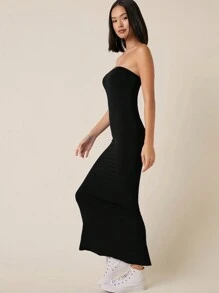 SHEIN BASICS Solid Bodycon Maxi Casual Dinner Dating Dress Tube Dress - Black - View 3