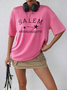 SHEIN EZwear 字母圖案落肩T恤 - 粉色 - 查看 3