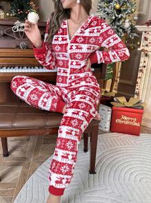 圣诞印花拉链连帽舒适睡衣连体衣，蓬松柔软，冬季 - 彩色 - 查看 3