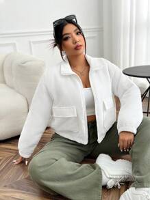 SHEIN EZwear Plus Flap Pocket Drop Shoulder Zipper Corduroy Padded Coat