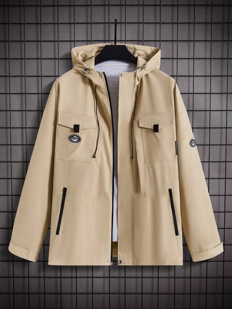 Loose-Fit Men's Letter Patched Drawstring Hooded Jacket With Flap Pocket, Outdoor Windbreaker (T-Shirt Not Included)
