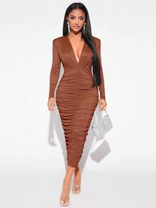 SHEIN SXY Vestido ajustado con escote pronunciado y parte delantera fruncida - Café integral - Ver 6
