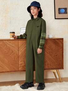 SHEIN Tween Boy Plaid Panel Flap Pocket Jumpsuit Without Bag - Army Green - View 3