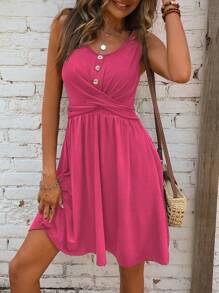 SHEIN LUNE 交叉圍裹前紐扣洋裝 - 玫紅色 - 查看 5