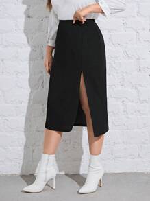 SHEIN Privé Hơn Chất rắn Tách đùi Váy - màu đen - Xem 4