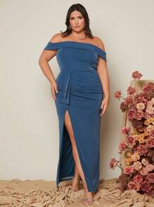 SHEIN Belle Hơn Off Shoulder Xù Tách đùi Váy sequin - Màu xanh hải quân - Xem 1