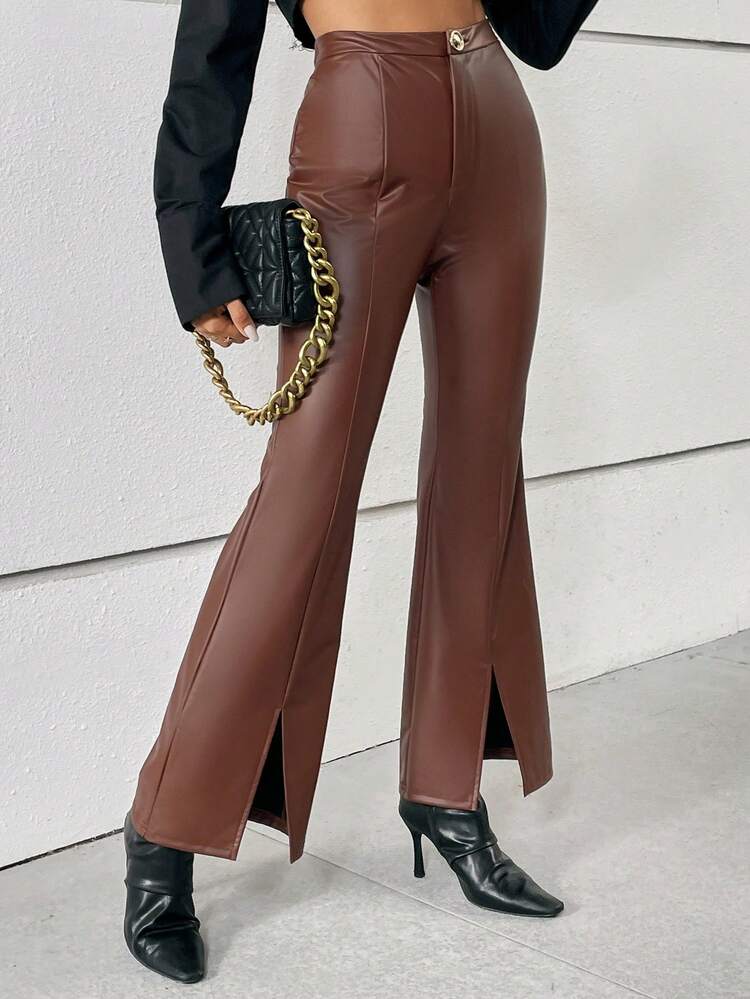 Split Hem PU Leather Flare Leg Pants
