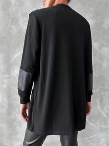 EURMUSE Contrast Sequin Dual Pocket Open Front Coat - Black - View 2