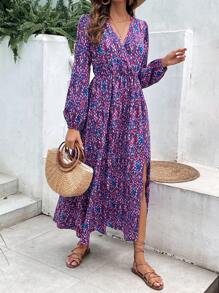 SHEIN VCAY Ditsy Floral Print Split Thigh Dress - Multicolor - View 1