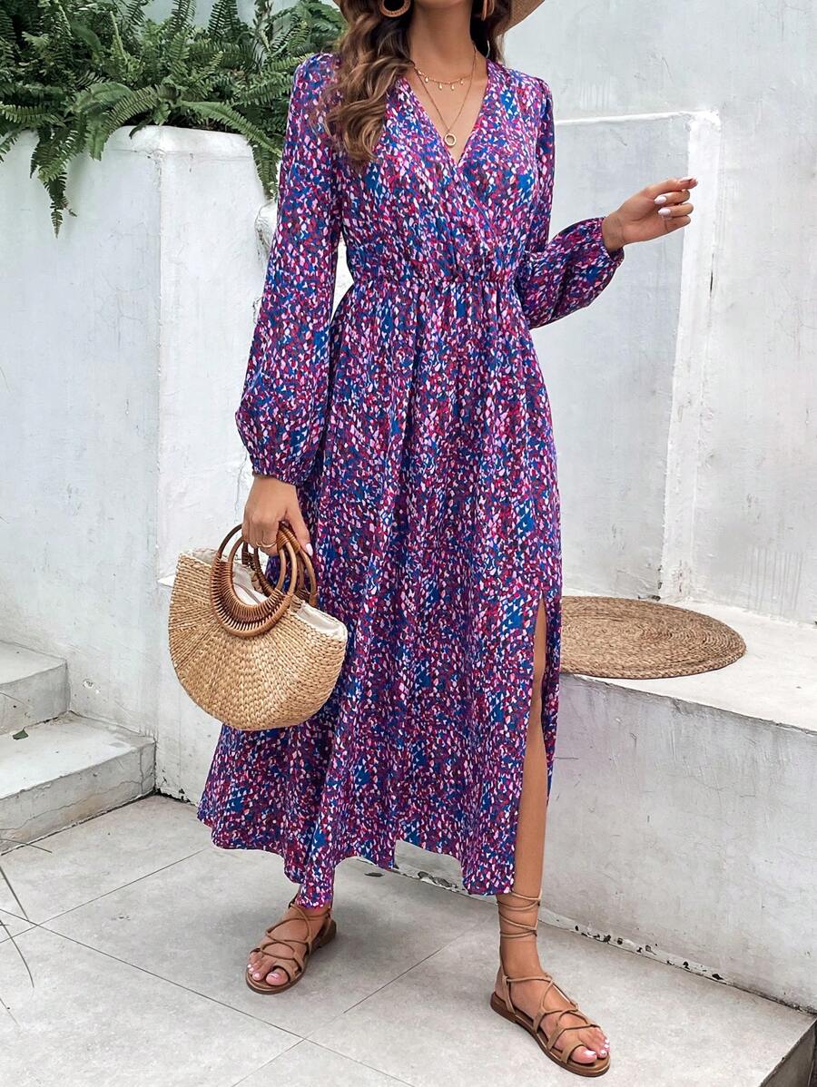 SHEIN VCAY Ditsy Floral Print Split Thigh Dress - Multicolor - View 1