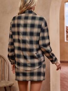 SHEIN Clasi 格子印花落肩襯衫和半身裙 - 卡其色 - 查看 2