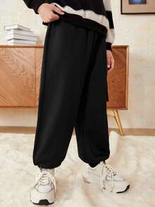 SHEIN Tween Boy Letter Graphic Flap Pocket Side Sweatpants - Black - View 5