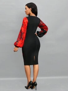 SHEIN Lady Floral Print Lantern Sleeve Bodycon Dress - Multicolor - View 2