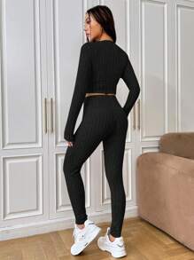 SHEIN EZwear Letter Patched Detail Crop Tee & Leggings - Black - View 2