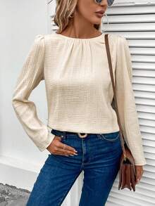 SHEIN LUNE 後紐扣泡泡袖襯衫 - 杏色 - 查看 2