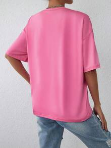 SHEIN EZwear 字母圖案落肩T恤 - 粉色 - 查看 2