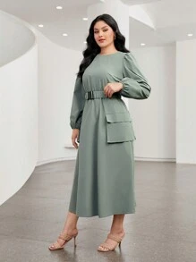 Mulvari 大碼翻蓋口袋燈籠袖繫腰帶洋裝 - 綠色 - 查看 1