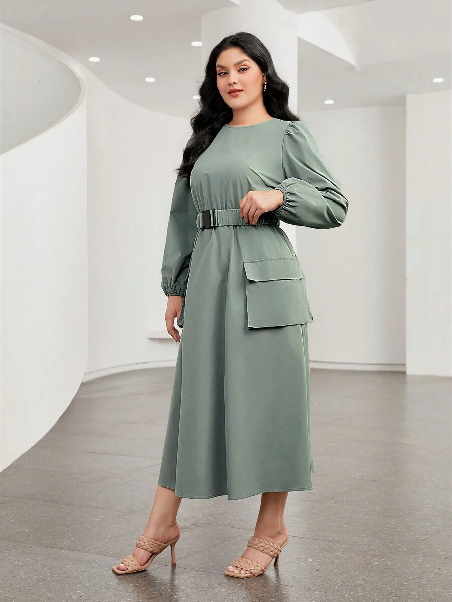 Mulvari 大碼翻蓋口袋燈籠袖繫腰帶洋裝 - 綠色 - 查看 1